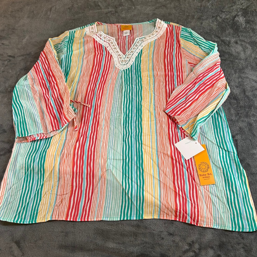 Ruby Rd. Tunic Top Crochet Trim Colorful Cover Up Blue Red Striped Womens‎ 1X